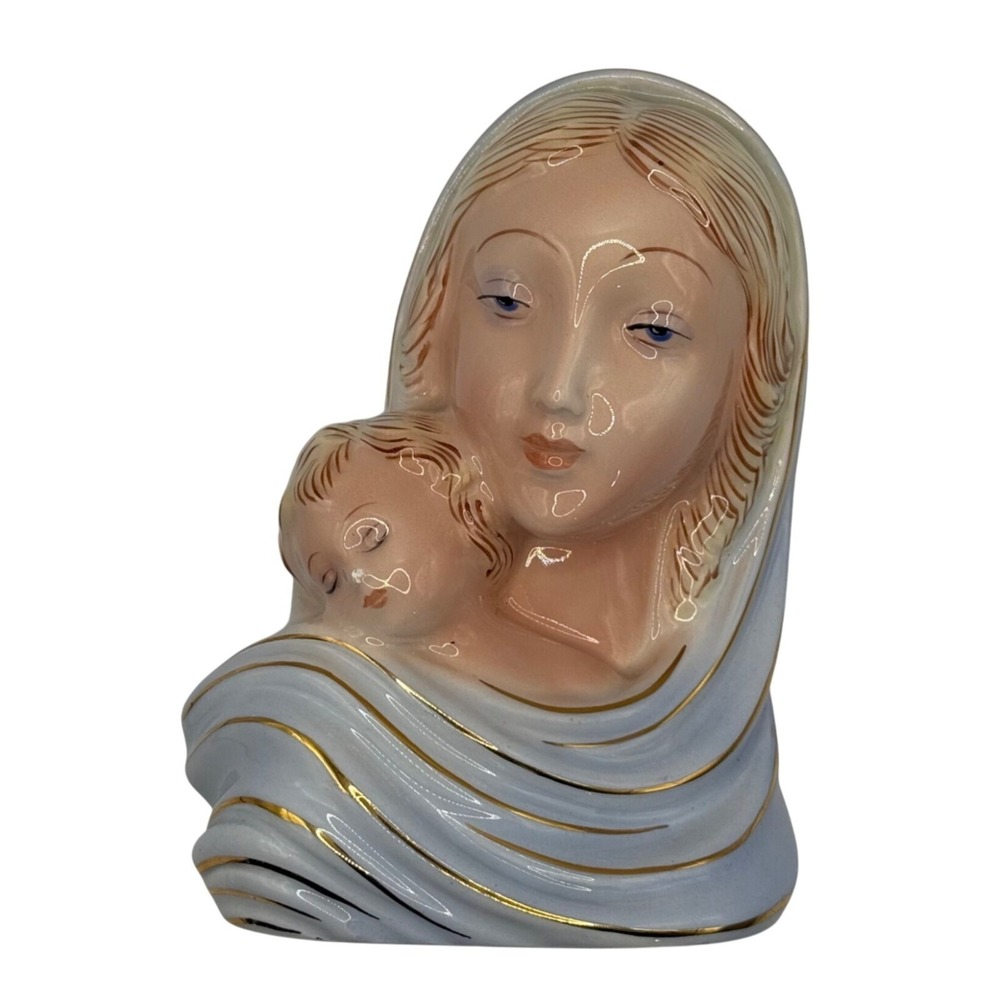 Vtg Virgin Mary Baby Jesus Porcelain Bust Religious Hand Painted Gold Gilt Italy